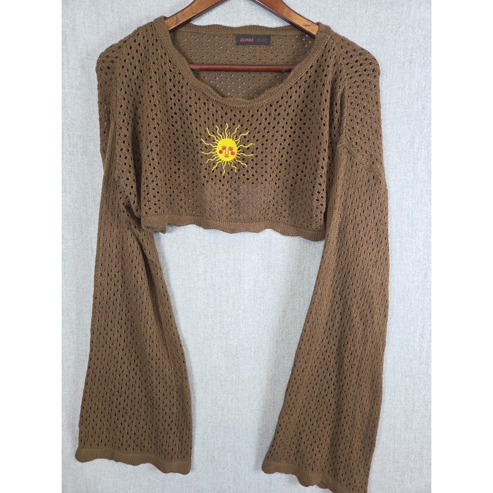 Romwe Crop Sweater L Crochet Sun Burst Bell Sleeve Fairycore Boho Festival Brown